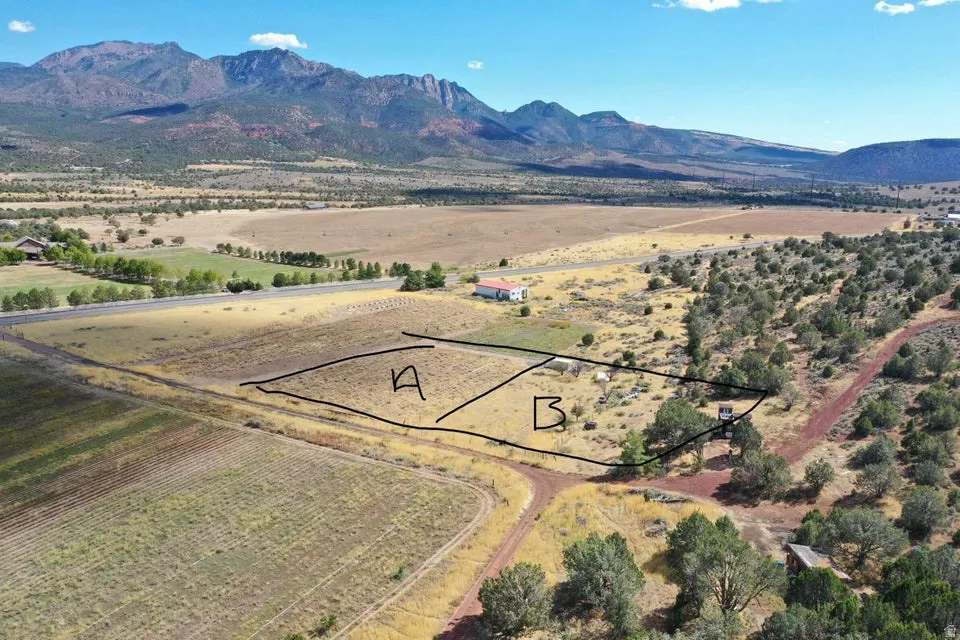 Expansive land parcel with distant mountain scenery, a partially cleared area, and an unpaved access road