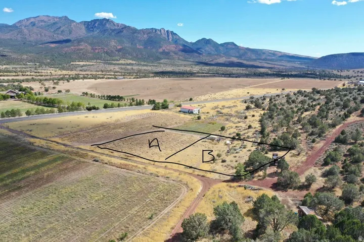 Expansive land parcel with distant mountain scenery, a partially cleared area, and an unpaved access road