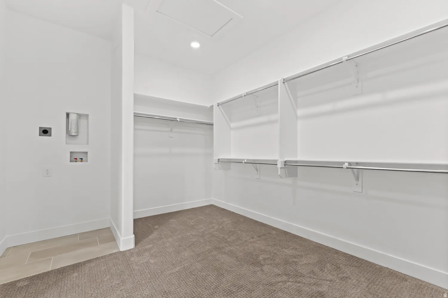Integrated laundry connections, ample shelving, and hanging rods