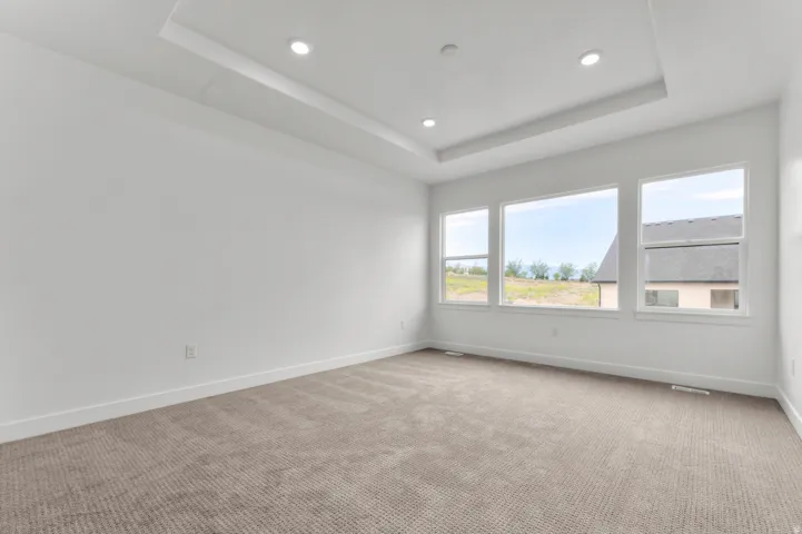 Tray ceiling with recessed lighting, multiple large windows, and neutral carpeting