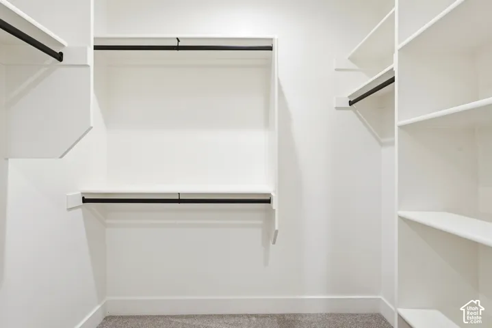 Built-in shelving, multiple hanging rods, and neutral carpet flooring