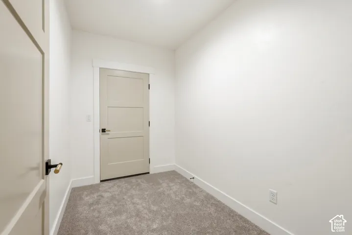 Neutral carpet flooring, white painted walls, white trim, and a three-panel door with matte black hardware
