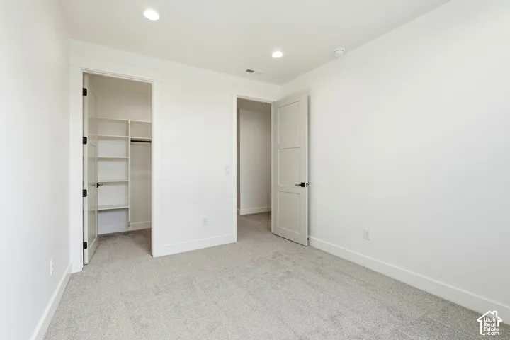 Recessed lighting, light gray carpeting, built-in closet shelving, and a modern panel door