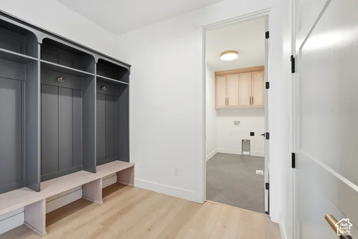 Built-in mudroom storage with integrated bench seating