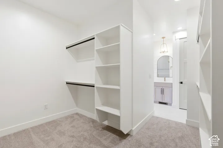 Built-in shelving, white walls, carpeted flooring, and a recessed light fixture