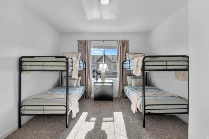 Carpeted room featuring a window with natural light, neutral wall colors, and a ceiling-mounted light fixture