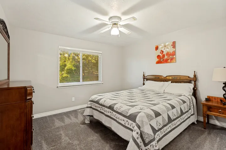 Recessed window with blinds, overhead ceiling fan, and grey carpet flooring