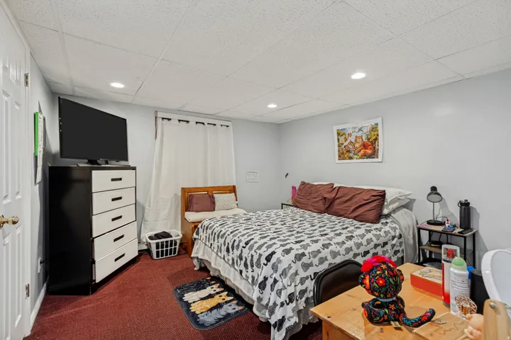 Recessed lighting illuminates the room, featuring light-toned walls and a contrasting red carpet