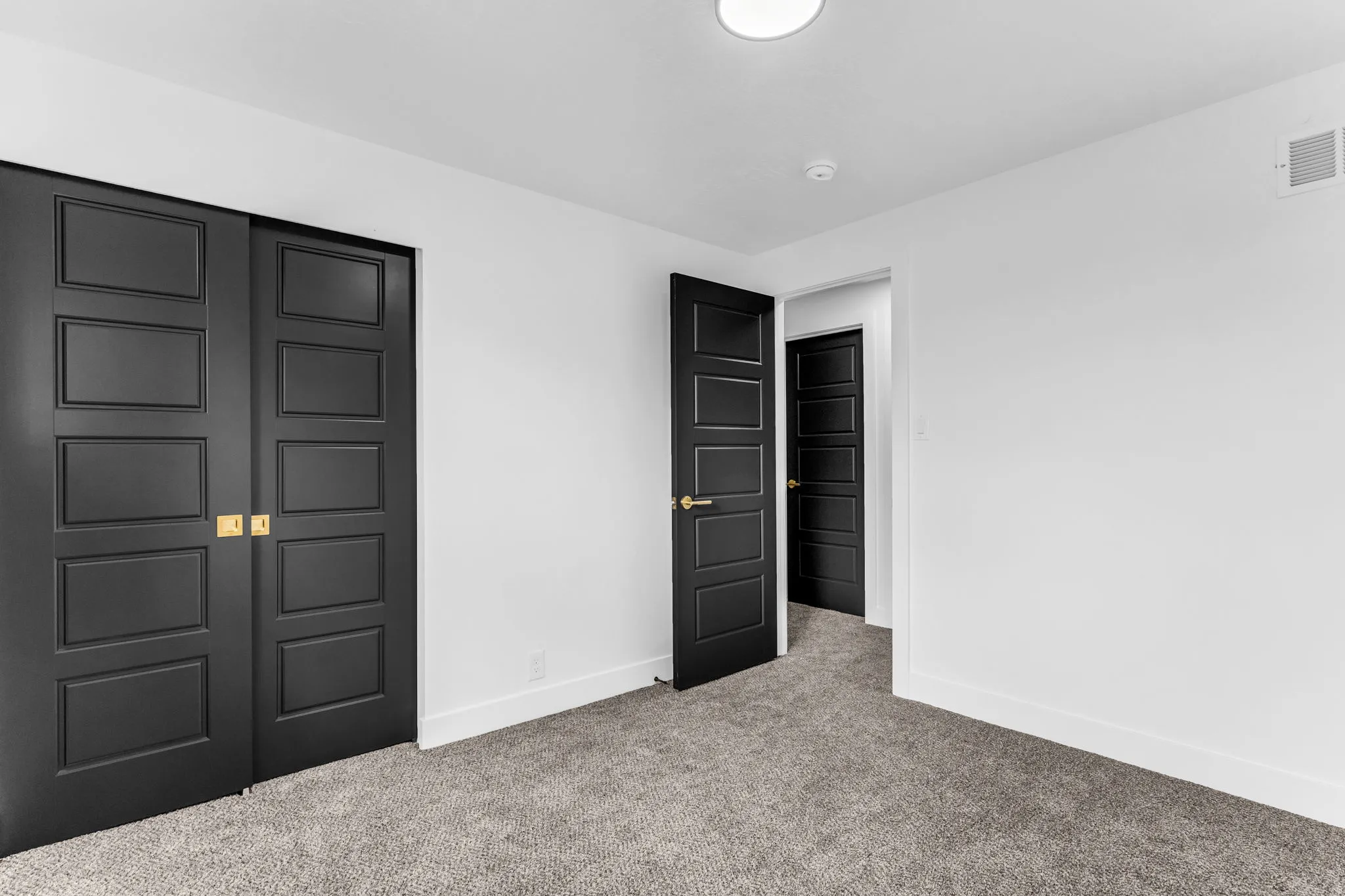 Charcoal five-panel interior doors with brass hardware, plush grey carpeting, and recessed ceiling lighting