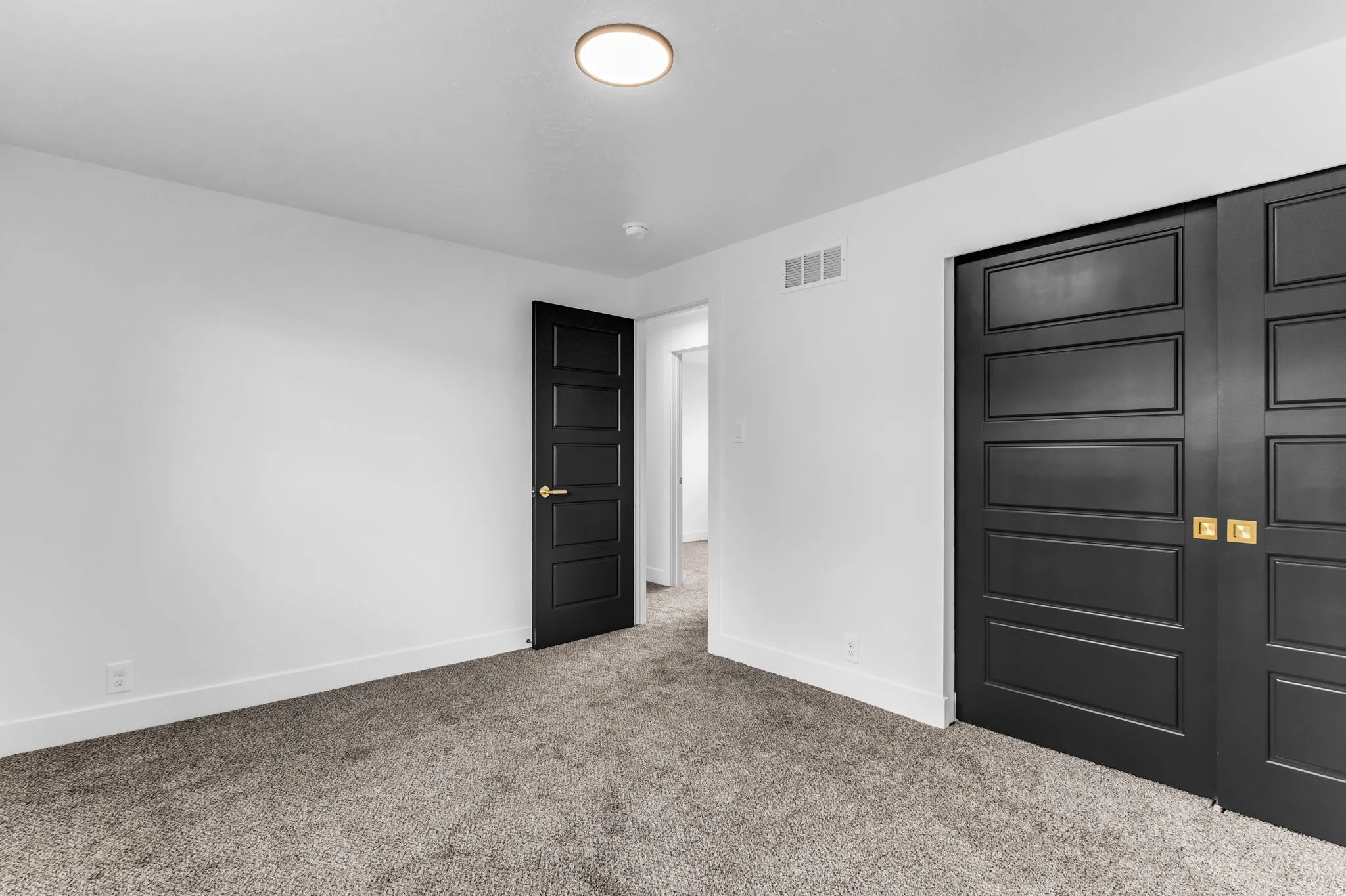 Neutral gray carpeting, white walls, and black paneled doors with gold hardware