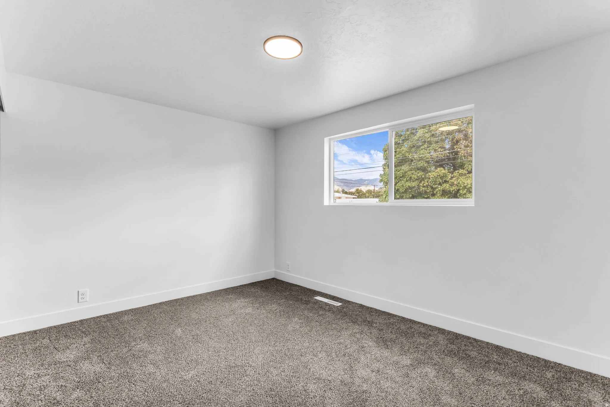Recessed ceiling light fixture, white walls, gray carpet, and a window with white trim