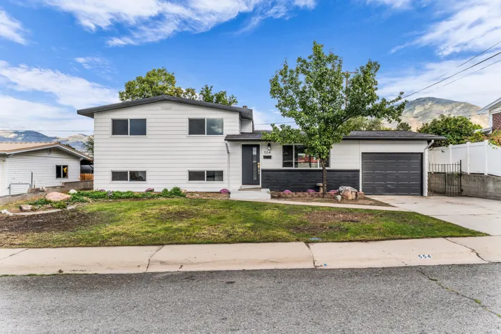 Split-level residence featuring a two-tone exterior, an attached garage with a dark panel door, and a concrete driveway