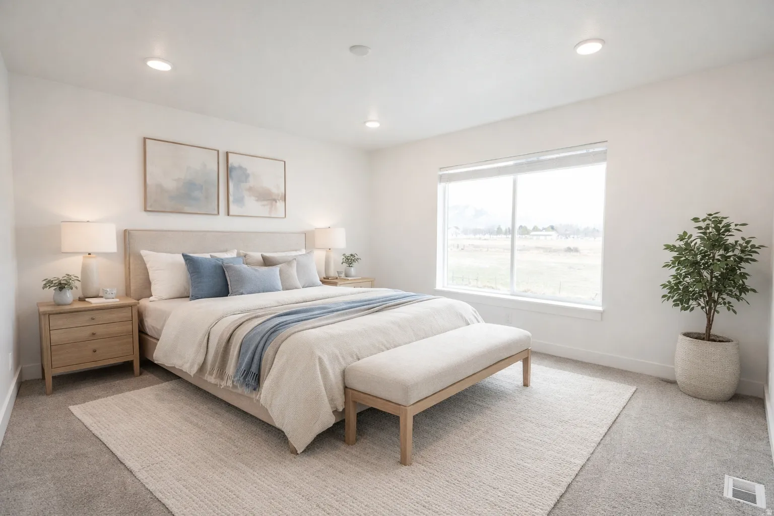 Recessed ceiling lighting, carpeting, large picture window, and neutral wall tones
