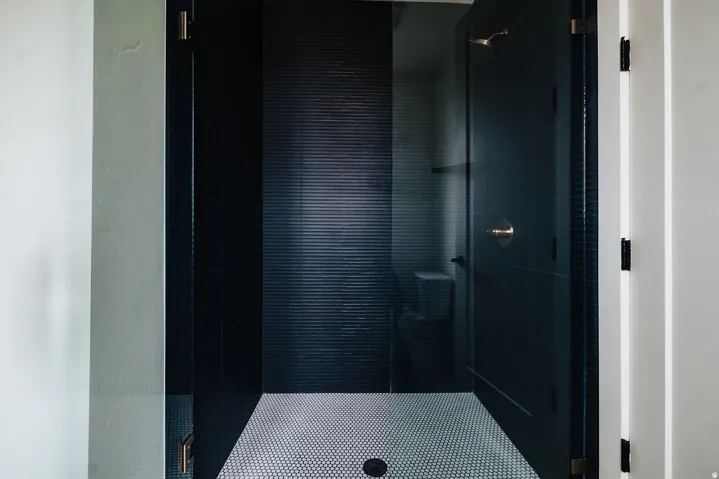 Walk-in shower with textured dark tile walls, clear glass enclosure, and penny tile flooring