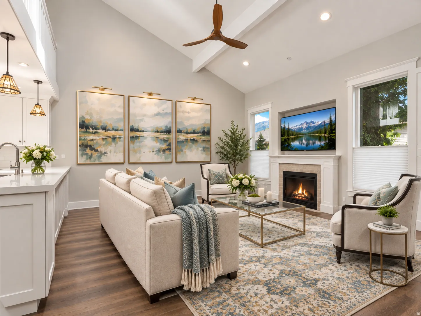Large, sunny Living Room with a cozy Fireplace