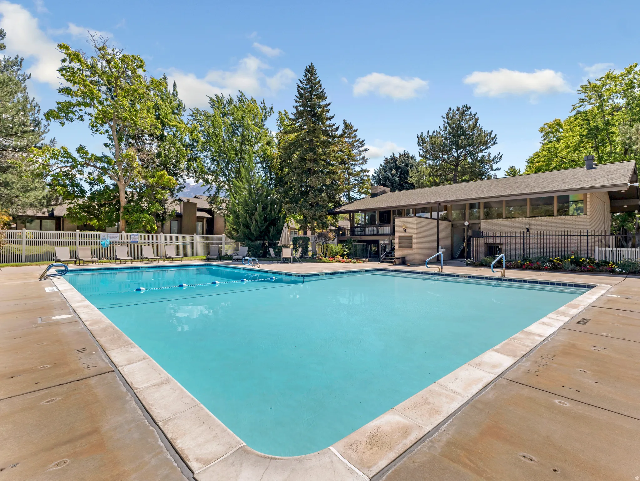 Outdoor swimming pool with concrete decking and adjacent building