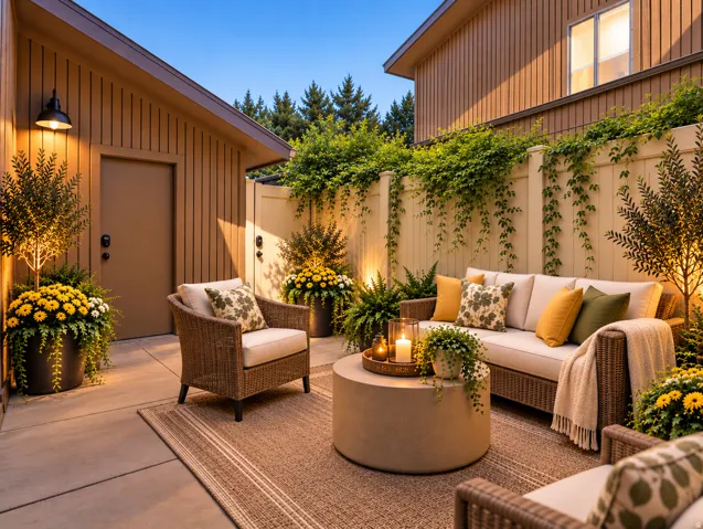 Paved patio area featuring a woven outdoor rug, board and batten exterior siding, and a privacy fence with climbing foliage