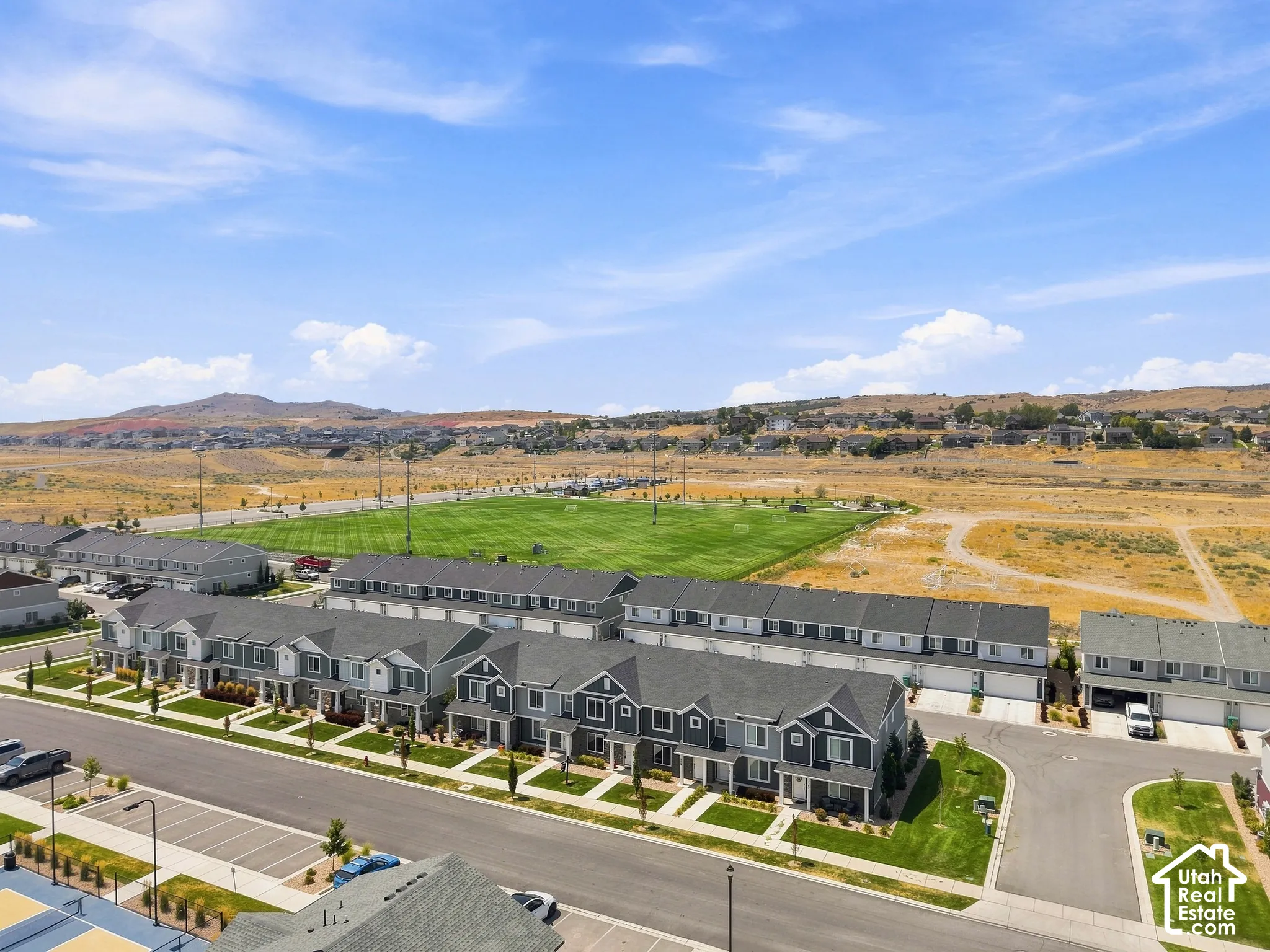 Modern townhome community with a manicured green space, paved street, and landscaped walkways