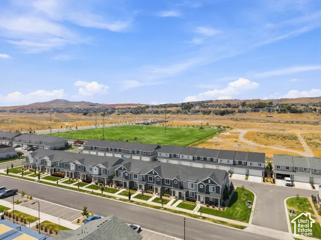 Modern townhome community with a manicured green space, paved street, and landscaped walkways