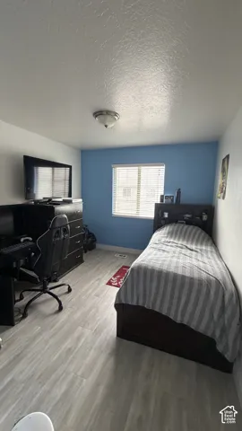 Window with horizontal blinds, light wood-finish flooring, ceiling-mounted light fixture, blue accent wall