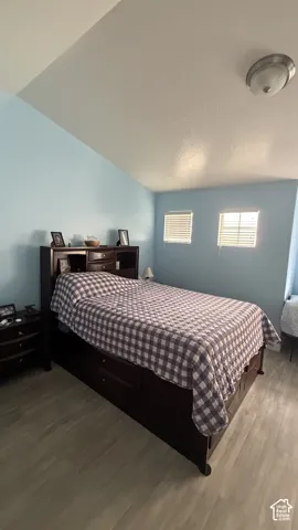 Vaulted ceiling with a flush-mount light fixture, two windows with blinds, and wood-finish flooring