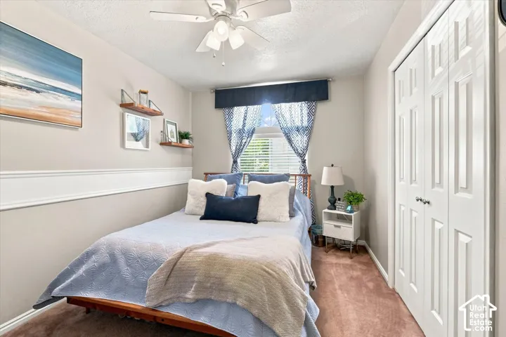 Ceiling fan, window with blinds, bi-fold closet doors, wall shelving, and wainscoting