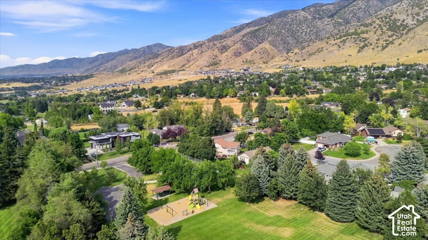 Expansive mountain backdrop with a residential community featuring abundant mature trees, paved roads, and a public park with a playground