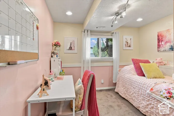 Recessed ceiling lighting, track lighting fixture, window with blinds, and carpeted flooring