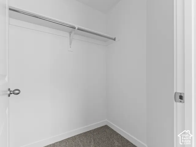 Built-in shelving with a chrome hanging rod and gray carpet flooring