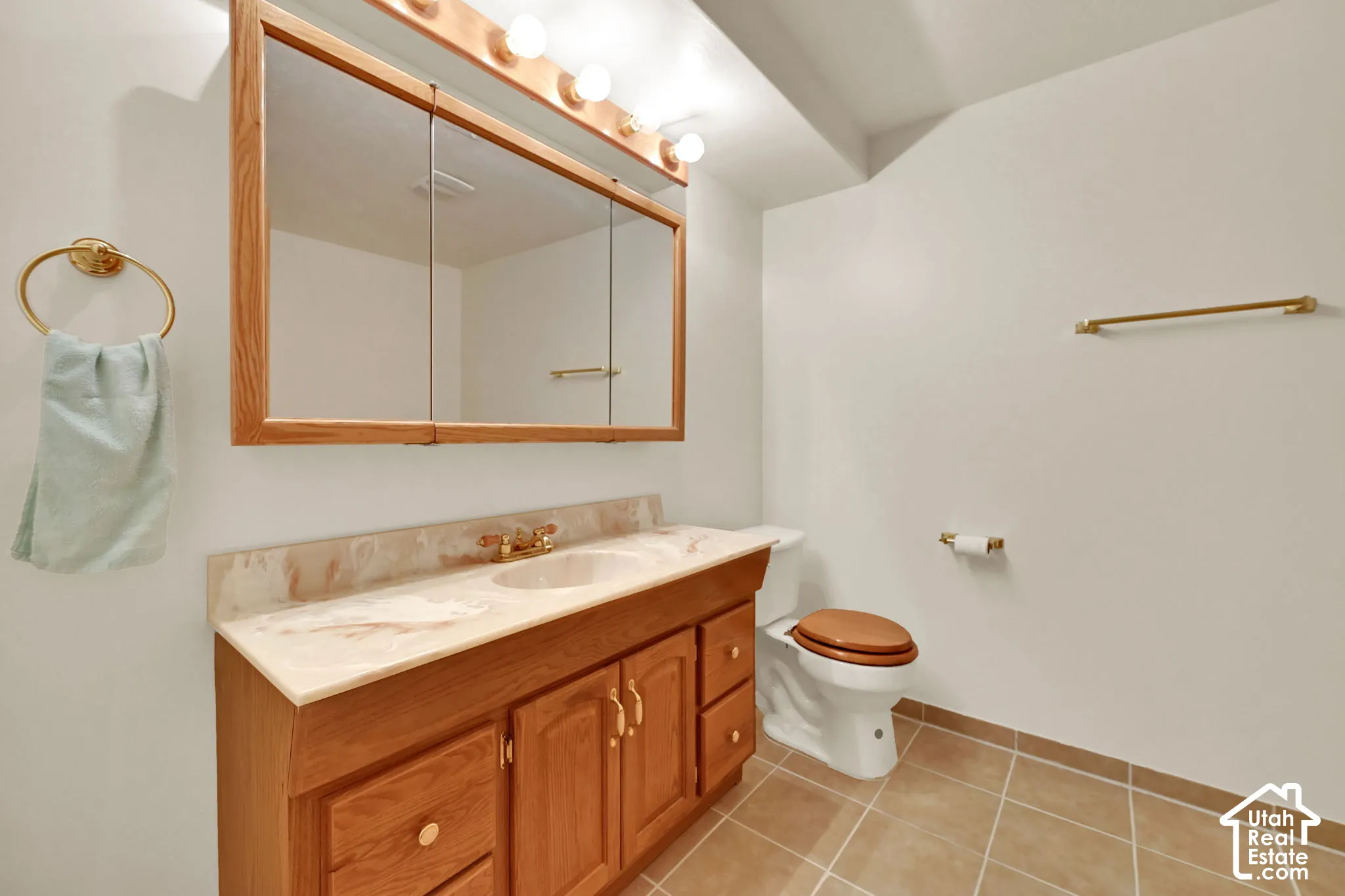 Vanity with wood-finish cabinetry, dual sinks, and a light-toned countertop