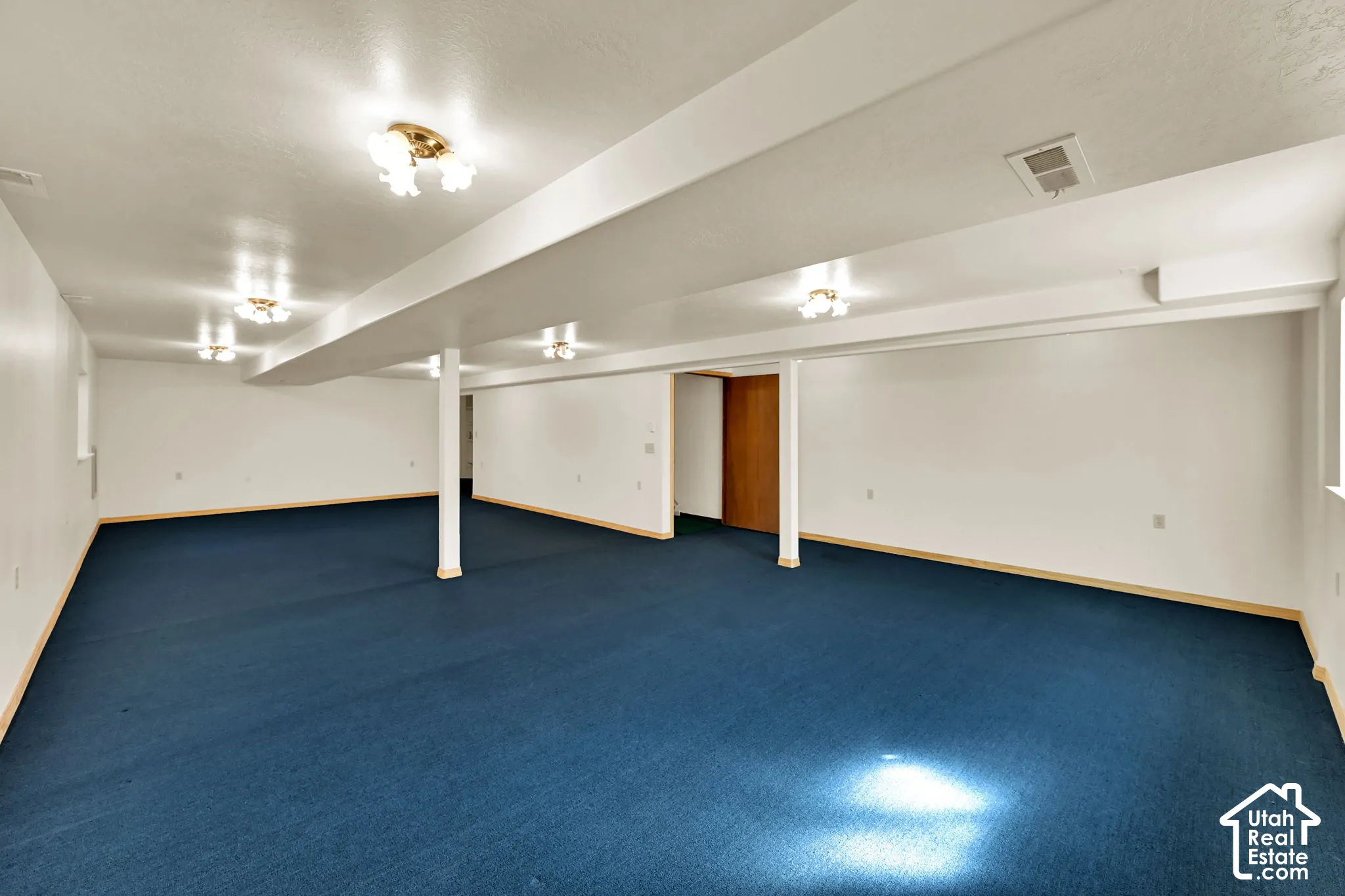 Spacious finished lower level with blue carpet flooring, white walls, and multiple ceiling light fixtures