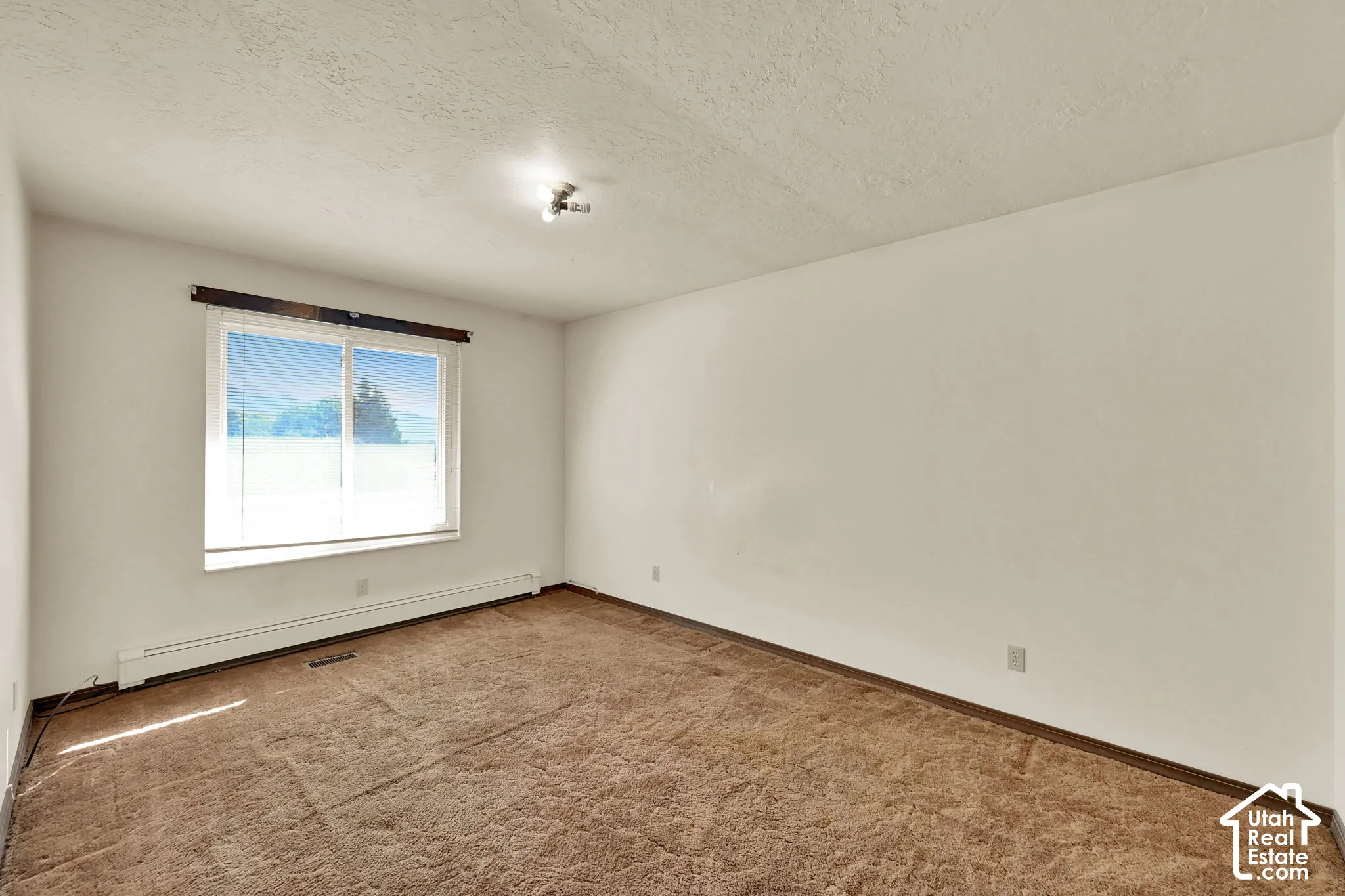 Neutral wall finishes, brown carpet, and a white window frame