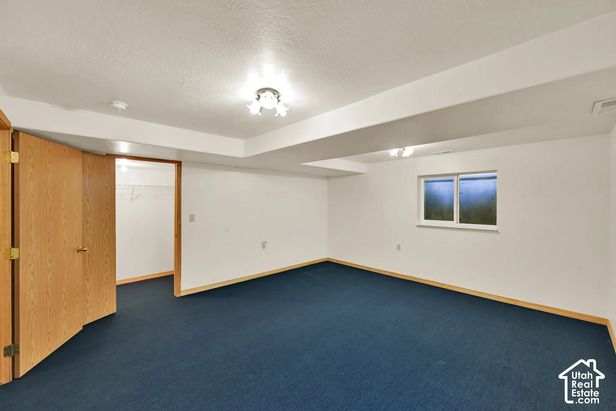 Recessed lighting, wood-finish doors, carpet flooring, and a window