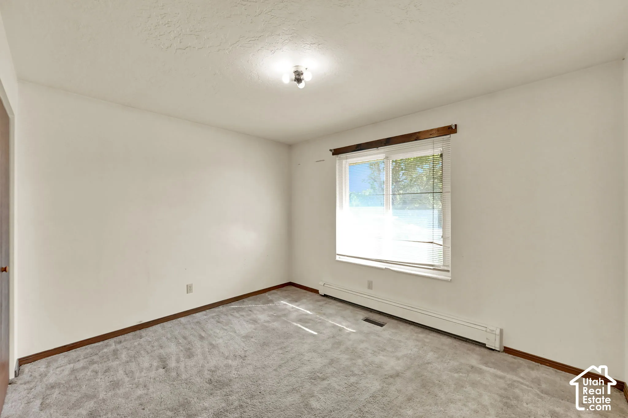 Carpeted flooring, white walls, window with blinds, ceiling-mounted light fixture, and wooden trim