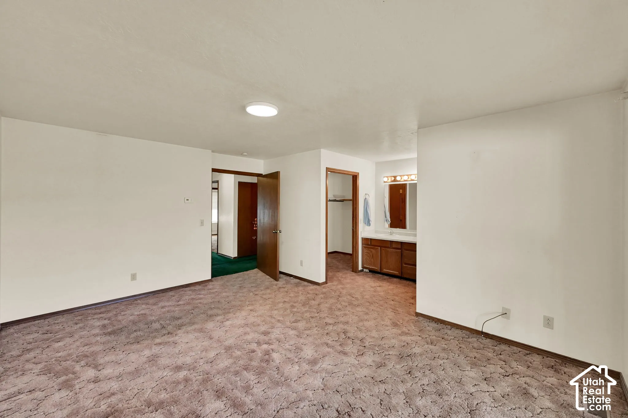 Expansive carpeted room with multiple doorways, featuring a bathroom vanity with a mirror and overhead lighting