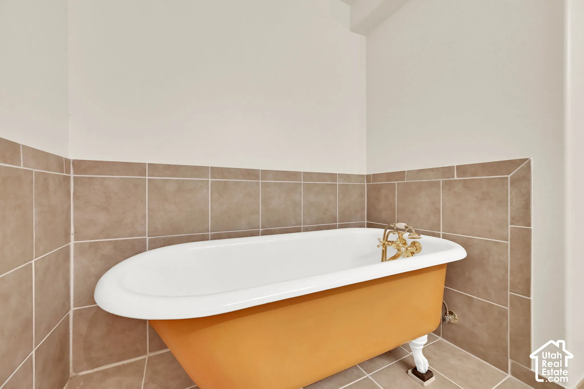 Freestanding clawfoot bathtub with brass fixtures