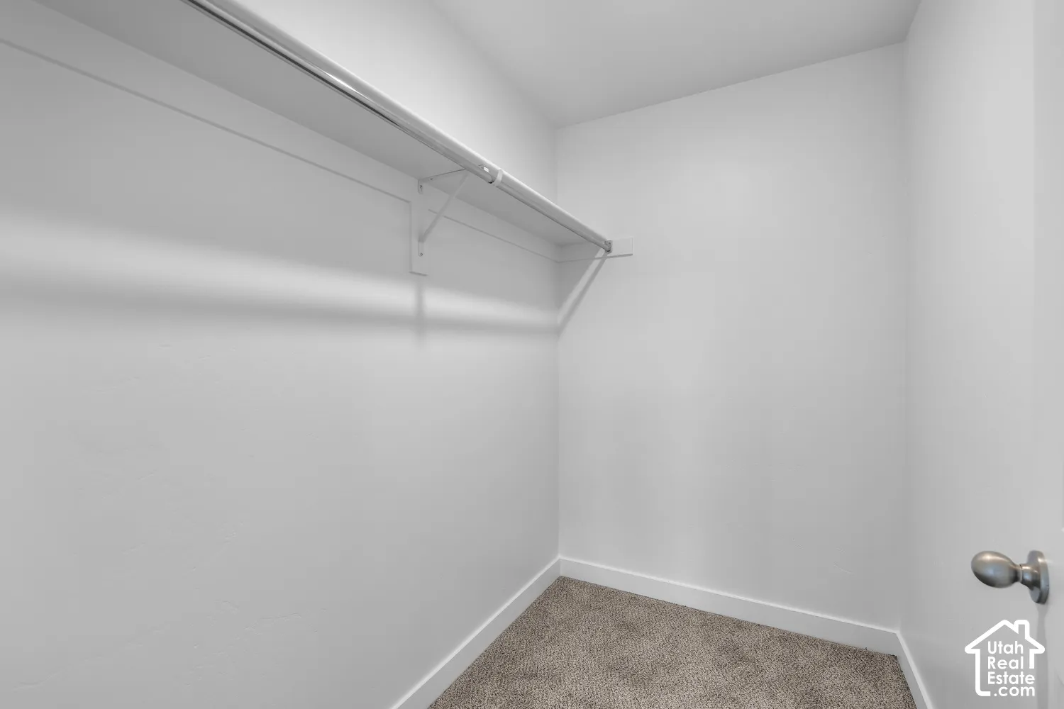 Built-in closet shelving with a hanging rod, painted white walls, and neutral carpet flooring