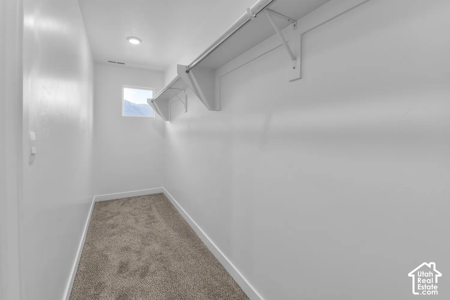 Recessed ceiling lighting, white walls, built-in shelving, built-in hanging rod, and carpet flooring