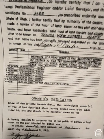 Plat map. Certification of survey, legal description, and owner's dedication for the property