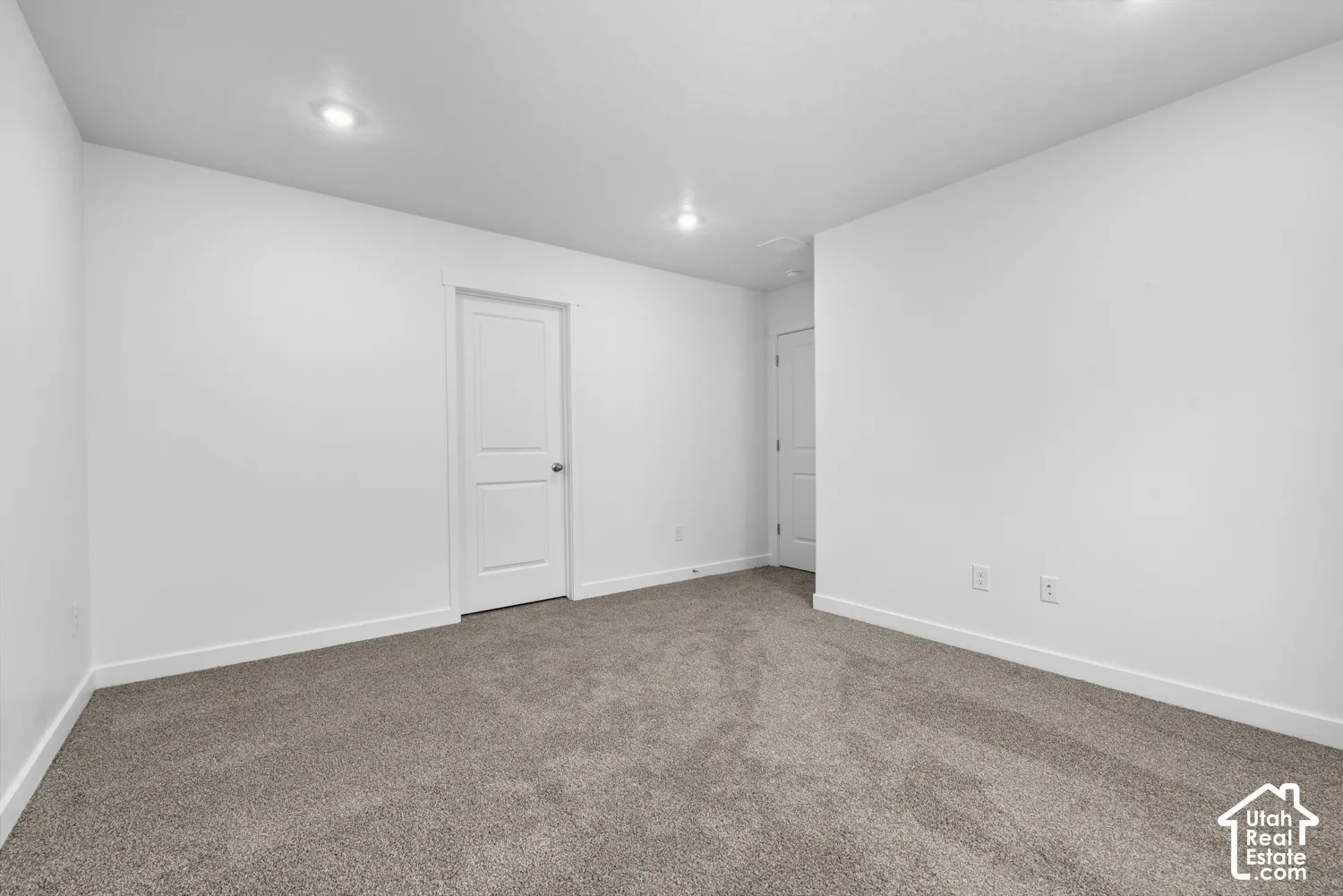 Neutral-toned carpeting with recessed lighting and a two-panel interior door