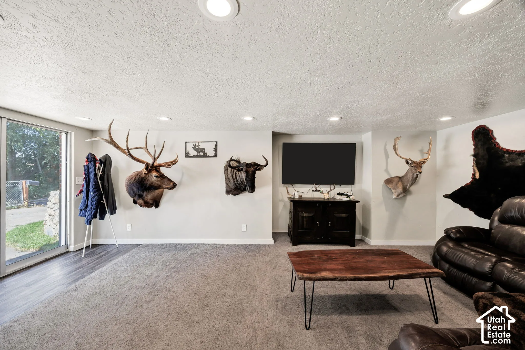 Recessed ceiling lighting, sliding glass door, wood-finish flooring, and carpet, and light wall finishes