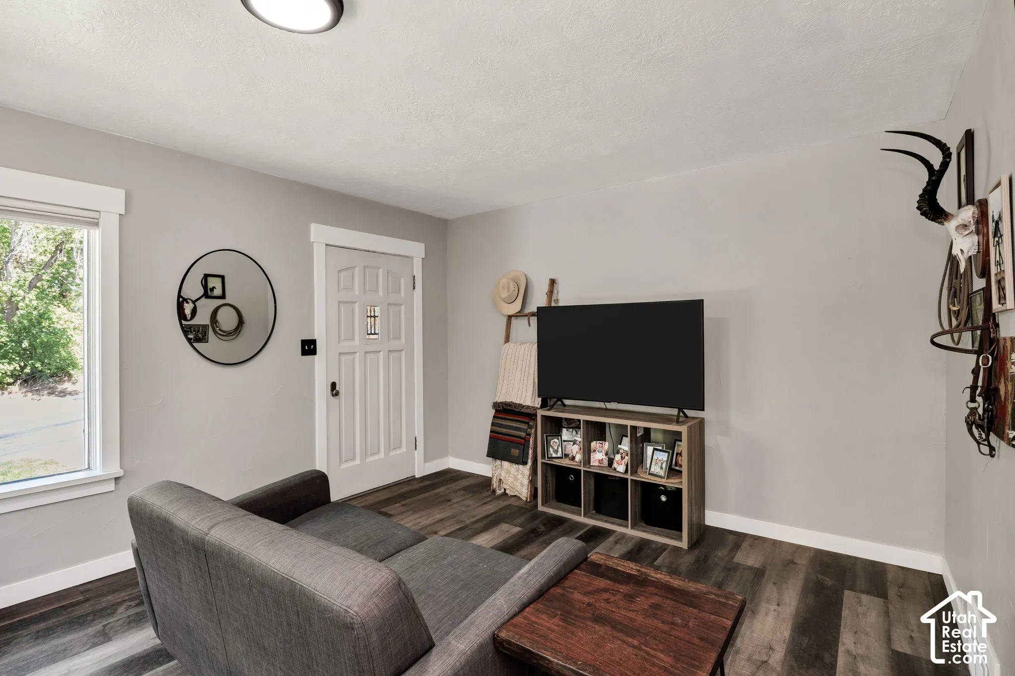 Front door, LVP wood like flooring, and recessed ceiling lighting