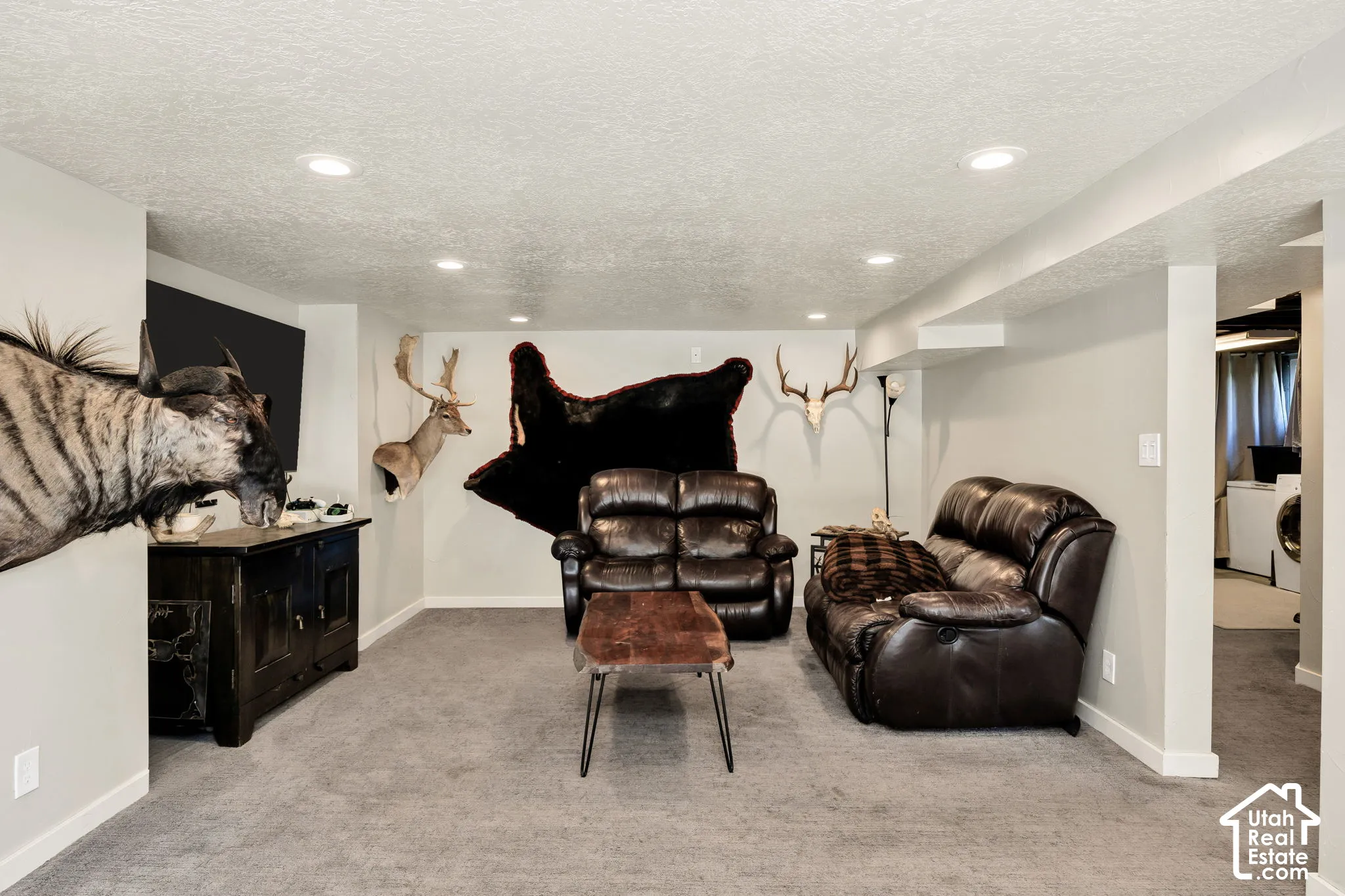 Recessed ceiling lighting, light gray walls, and gray carpeting