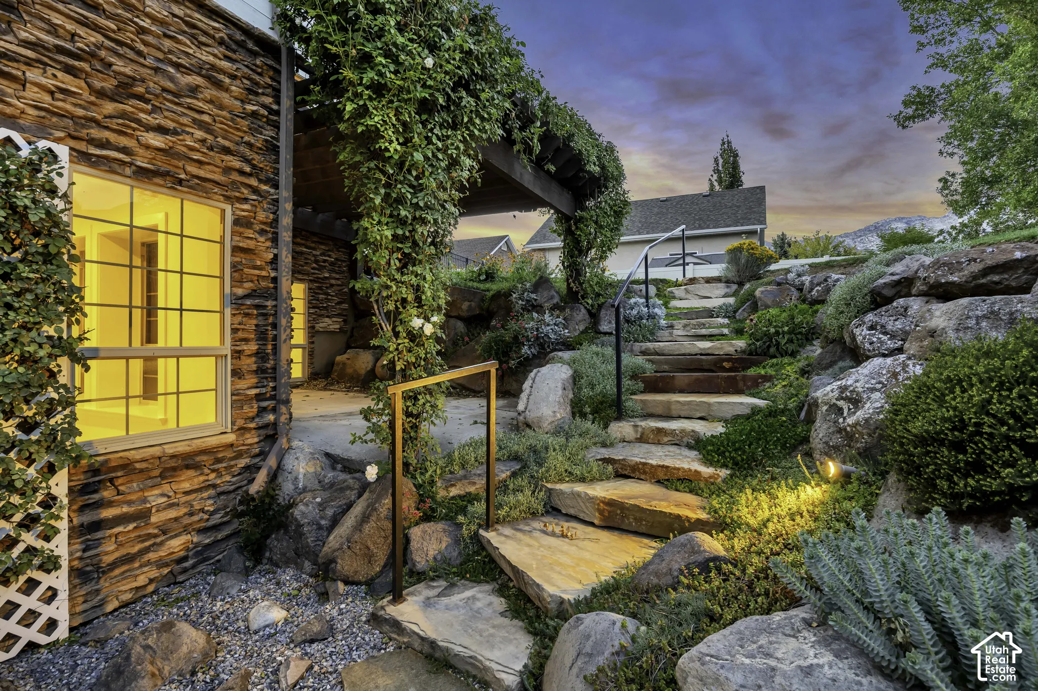 Stone exterior with grid-pattern windows