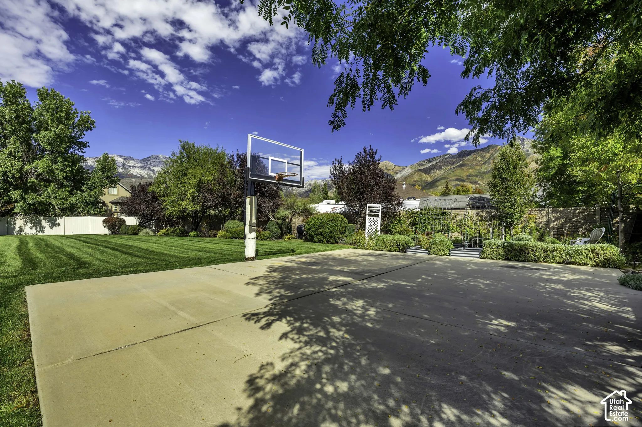 Expansive concrete sports court with an adjustable basketball hoop