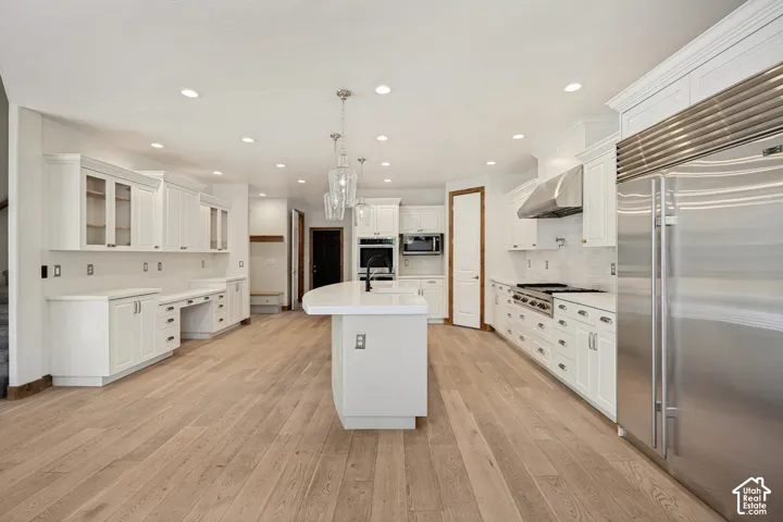 Gourmet kitchen with wood-finish flooring, white cabinetry, stainless steel appliances, a center island with pendant lighting, and recessed lighting