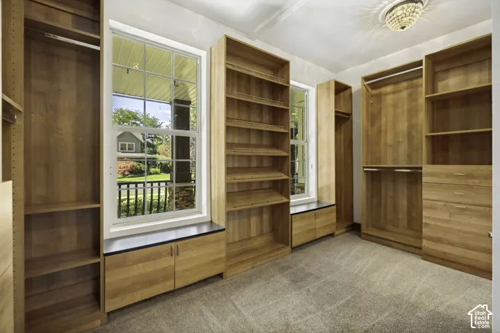 Built-in wood-finish cabinetry, integrated shelving, and dedicated hanging rods