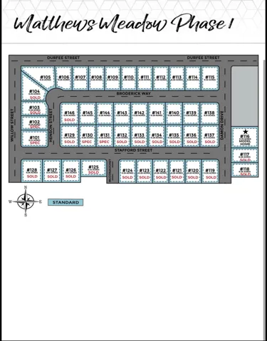 Plat Map, Matthews Meadow Phase 1. An overview of property lots within the development, indicating sold units and lot specifications