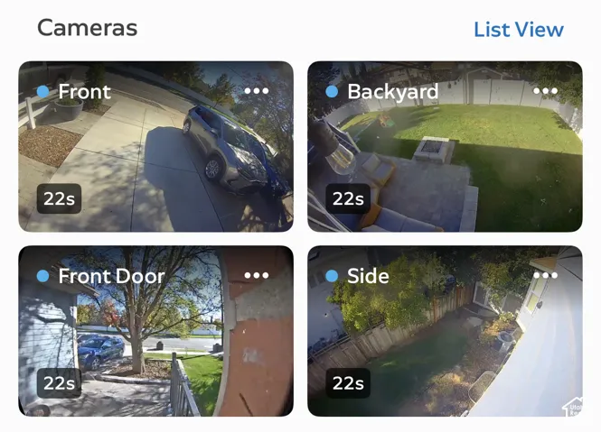 Security Camera Interface. Displaying live feeds from multiple camera locations around the property