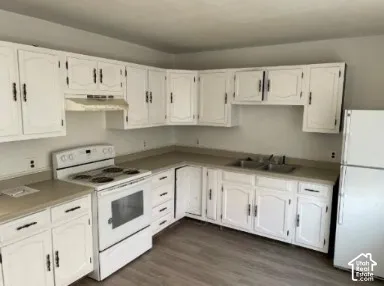 Kitchen featuring white cabinetry, light-toned countertops, a double basin sink, and wood-finish flooring